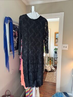 Black Beaded Long-Sleeve Cocktail Dress